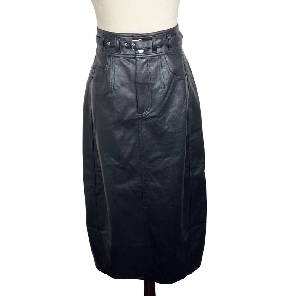 ANTHROPOLOGIE PILCRO Faux Leather Belted Midi Moto Skirt Black Sz 0 NWT